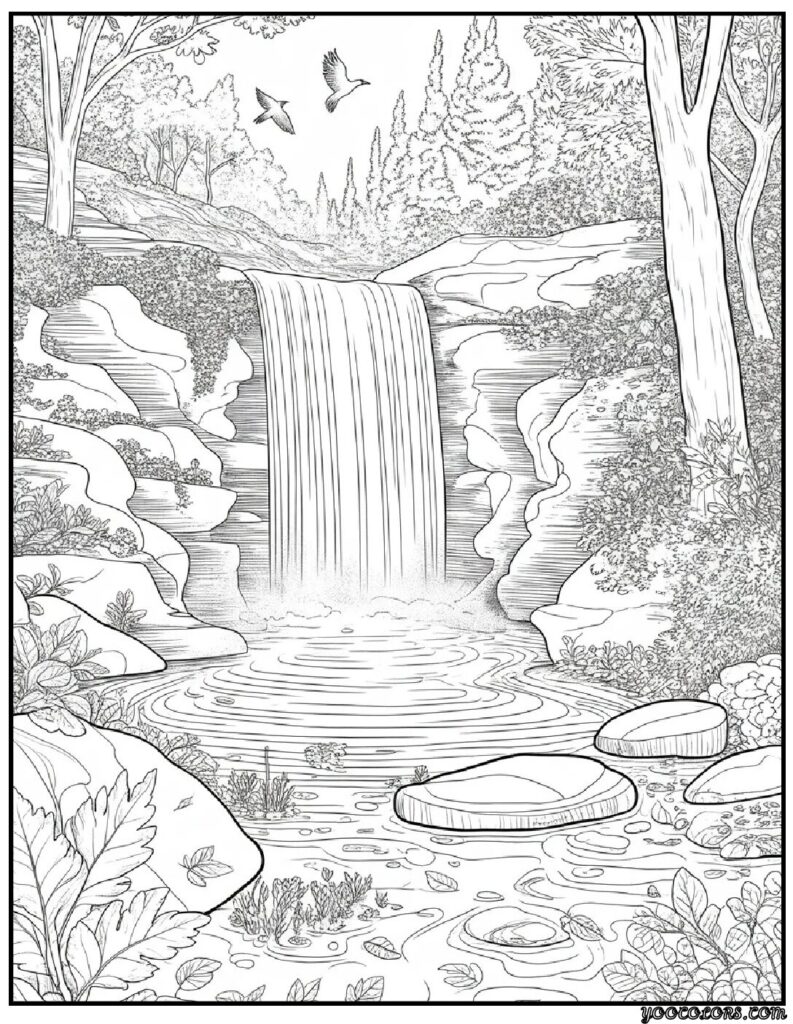 Autumn Fall Coloring Pages – Cozy, Printable & Fun for All Ages 5 autumn fall coloring pages Autumn Forest Waterfall Retreat.webp pdf