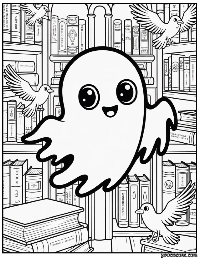 Chibi Gothic Coloring Pages – Cute, Romantic & Dark Fantasy Fun 3 chibi gothic coloring pages Chibi Ghost in Haunted Library.webp pdf