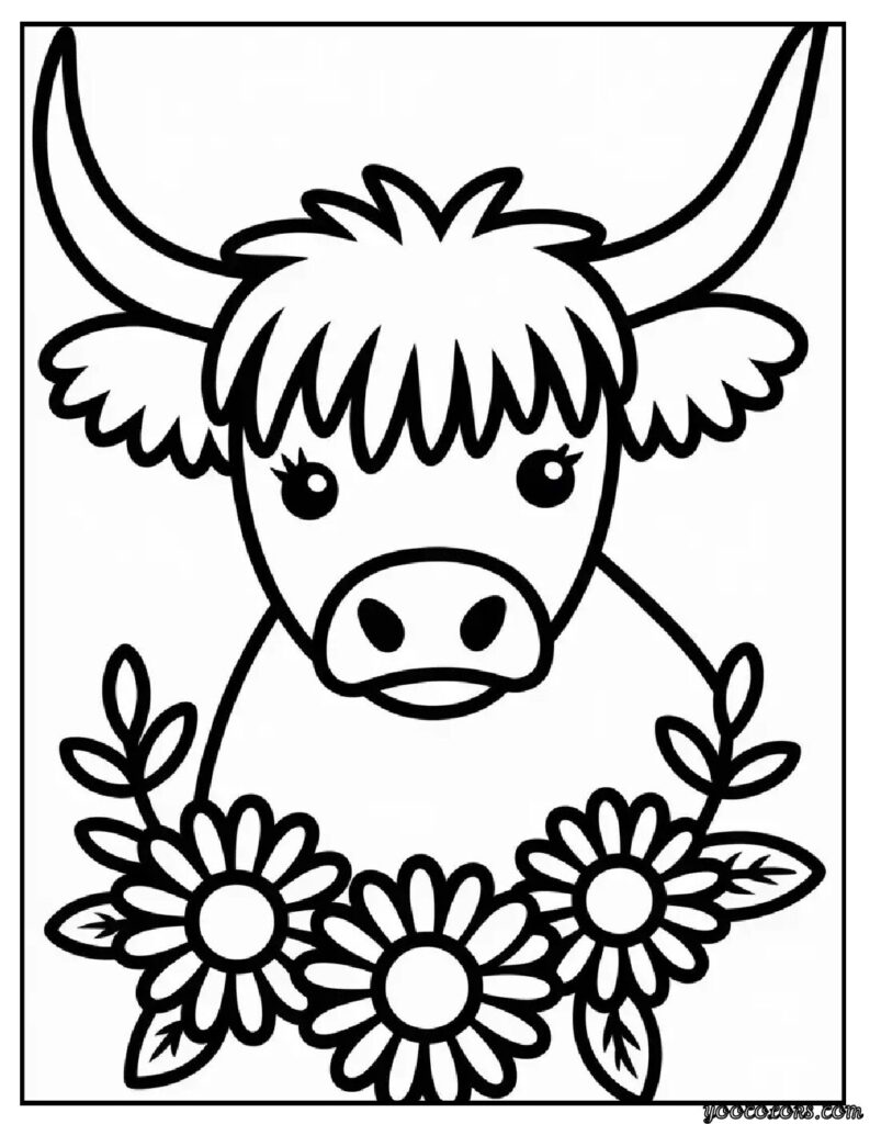 Cow Coloring Pages: Free Printable PDFs for Kids, Teachers & Adults 3 cow coloring page highland cow with floral fringe pdf