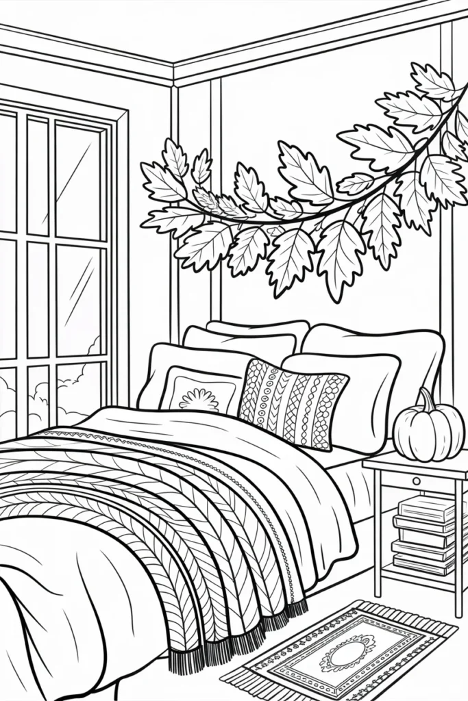 Fall Interior Adult Coloring Pages – Cozy, Printable & Beautiful Designs 2 cozy bed room with fall decor