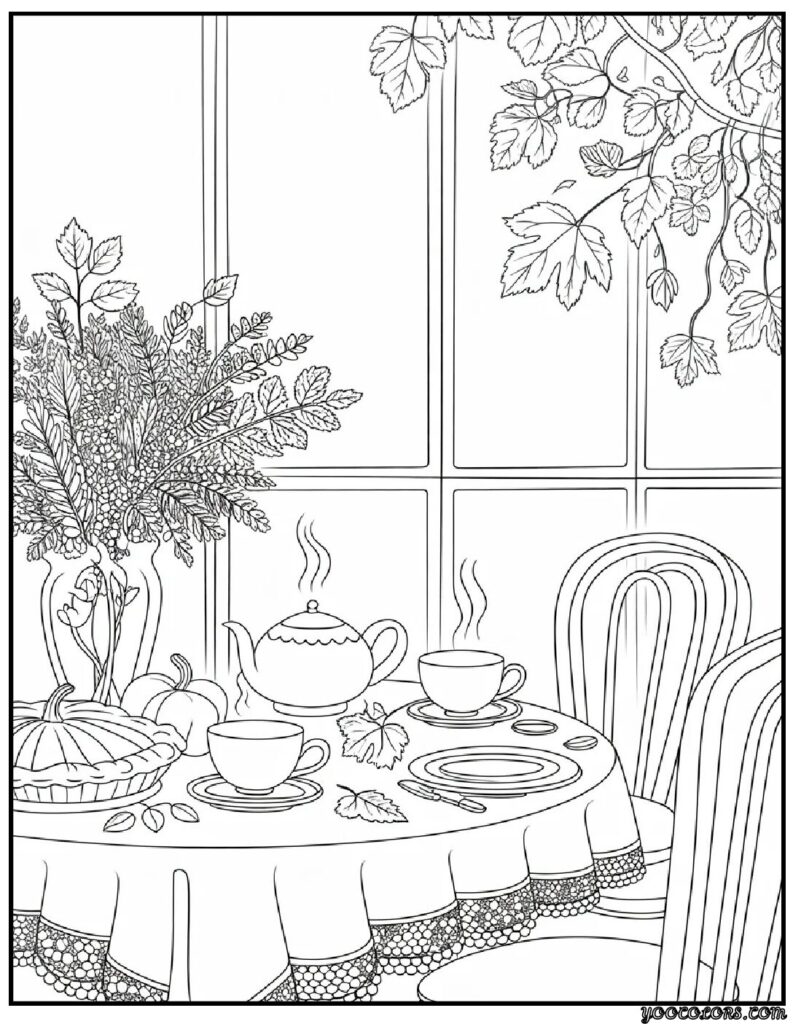 Fall Interior Adult Coloring Pages – Cozy, Printable & Beautiful Designs 8 fall interior adult coloring pages autumn tea time.webp 2 pdf