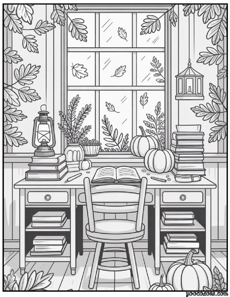 Fall Interior Adult Coloring Pages – Cozy, Printable & Beautiful Designs 12 fall interrior coloring pages autumn study room 2.webp pdf