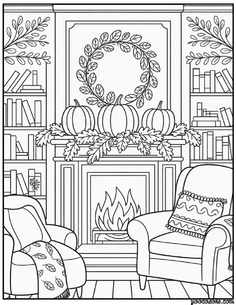 Fall Interior Adult Coloring Pages – Cozy, Printable & Beautiful Designs 9 fall interrior coloring pages cozy autumn living room.webp pdf