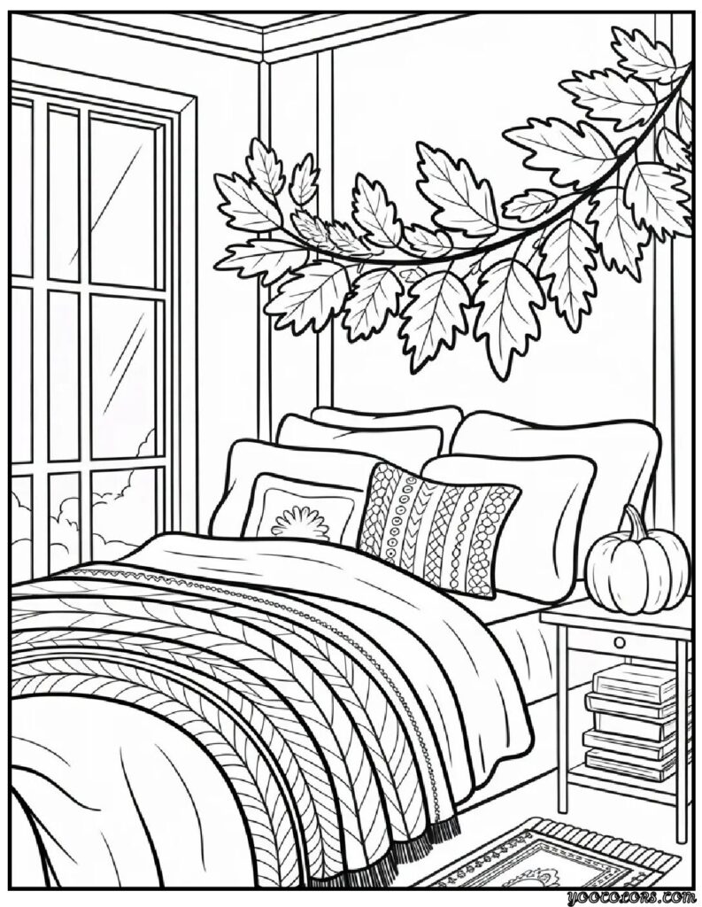 Fall Interior Adult Coloring Pages – Cozy, Printable & Beautiful Designs 10 fall interrior coloring pages cozy bed room with fall decor.webp pdf