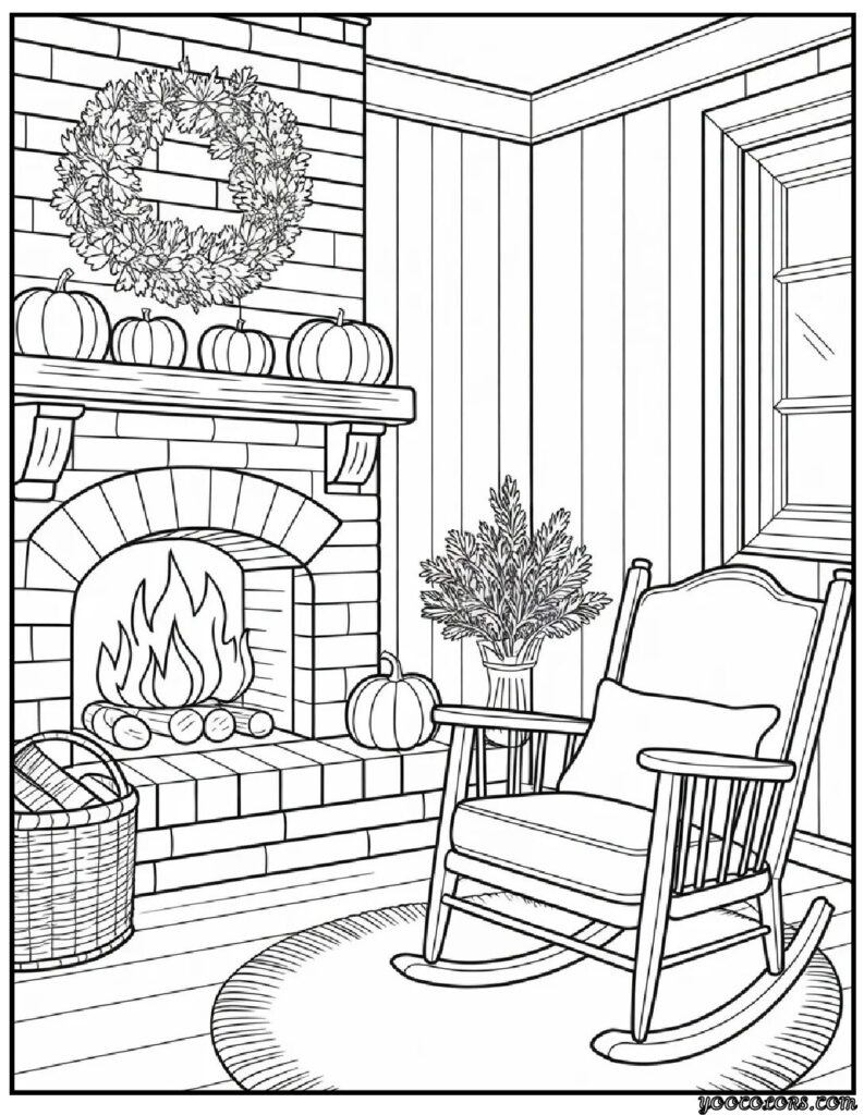 Fall Interior Adult Coloring Pages – Cozy, Printable & Beautiful Designs 7 fall interrior coloring pages cozy fire place.webp pdf