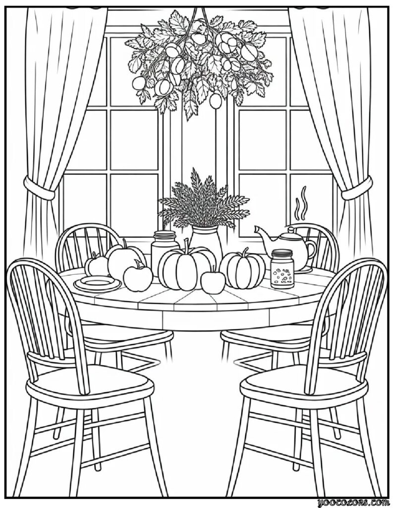Fall Interior Adult Coloring Pages – Cozy, Printable & Beautiful Designs 5 fall interrior coloring pages fall dining table.webp pdf