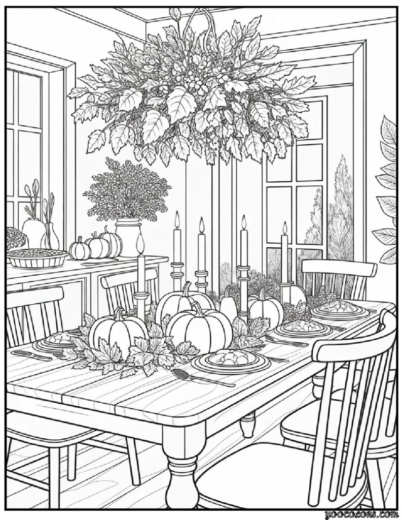 Fall Interior Adult Coloring Pages – Cozy, Printable & Beautiful Designs 3 fall interrior coloring pages farmhouse kitchen table.webp pdf