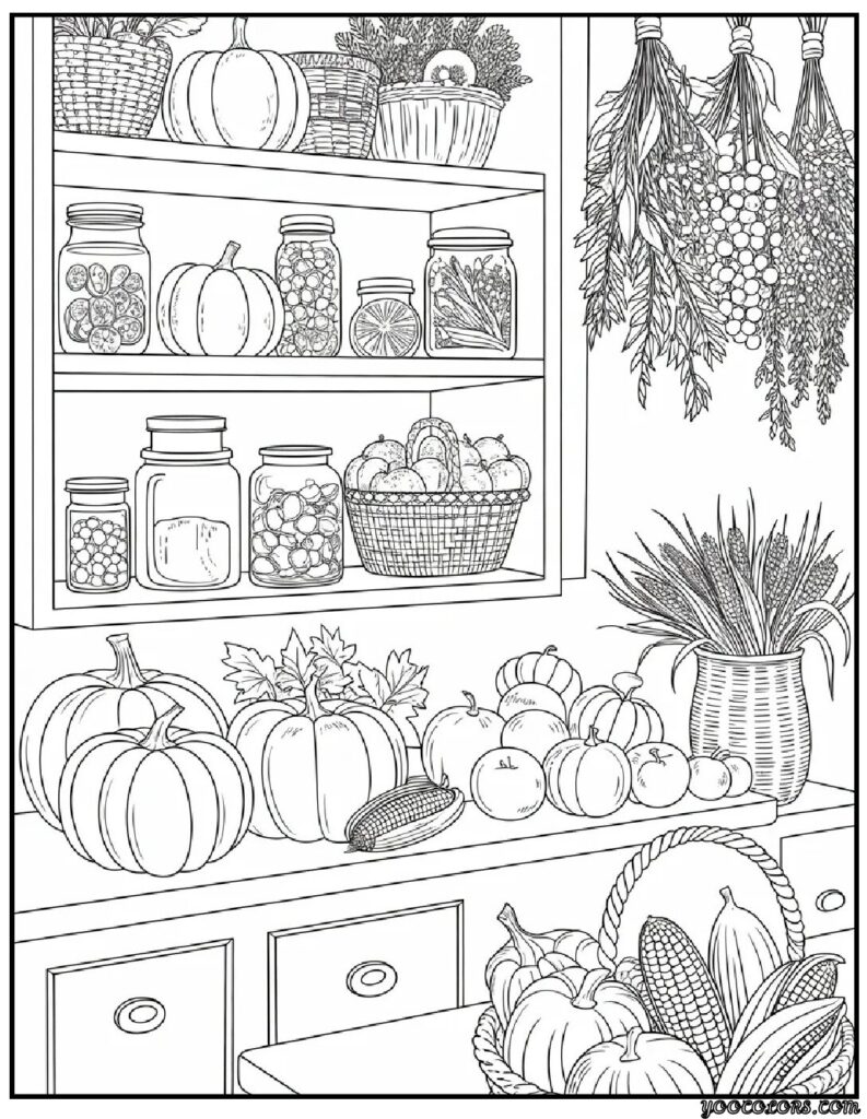 Fall Interior Adult Coloring Pages – Cozy, Printable & Beautiful Designs 4 fall interrior coloring pages harvest pantry scene.webp pdf