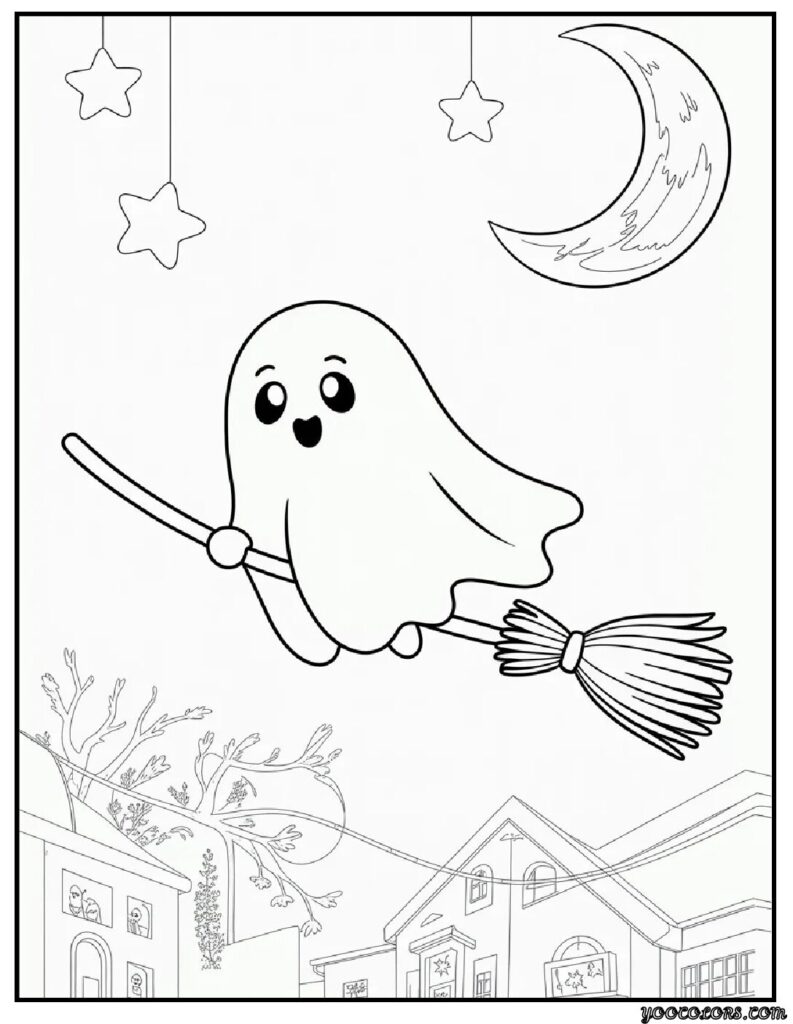 Ghost Coloring Pages: Spooky, Cute & Fun Printables for Everyone 4 ghost coloring pages Kawaii Easy Ages 3–7 broom ride boo.webp 1 pdf