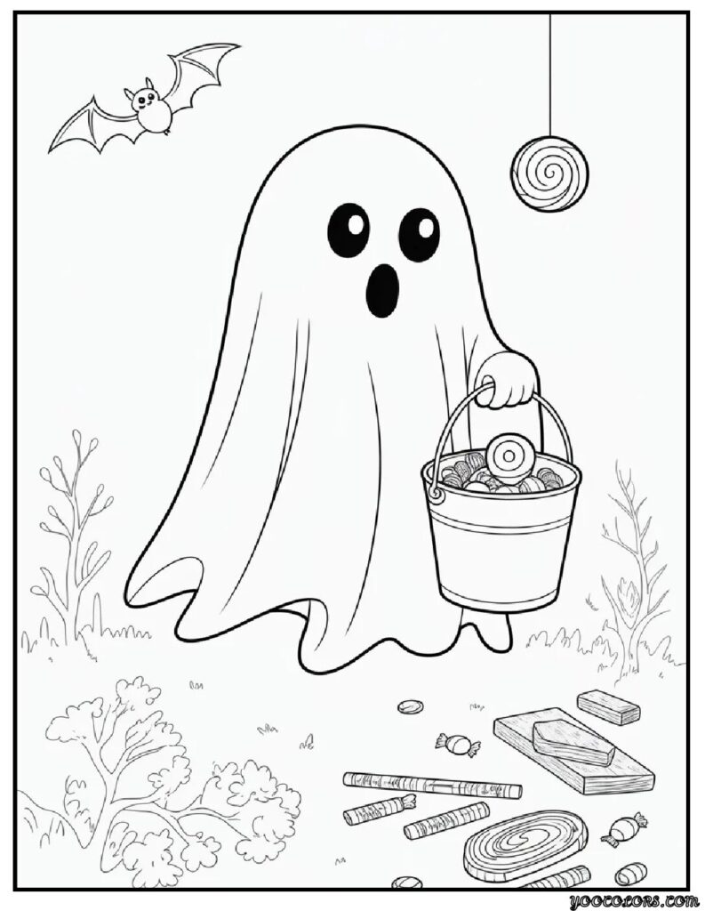 Ghost Coloring Pages: Spooky, Cute & Fun Printables for Everyone 5 ghost coloring pages Kawaii Easy Ages 3–7 candy bucket ghost.webp pdf