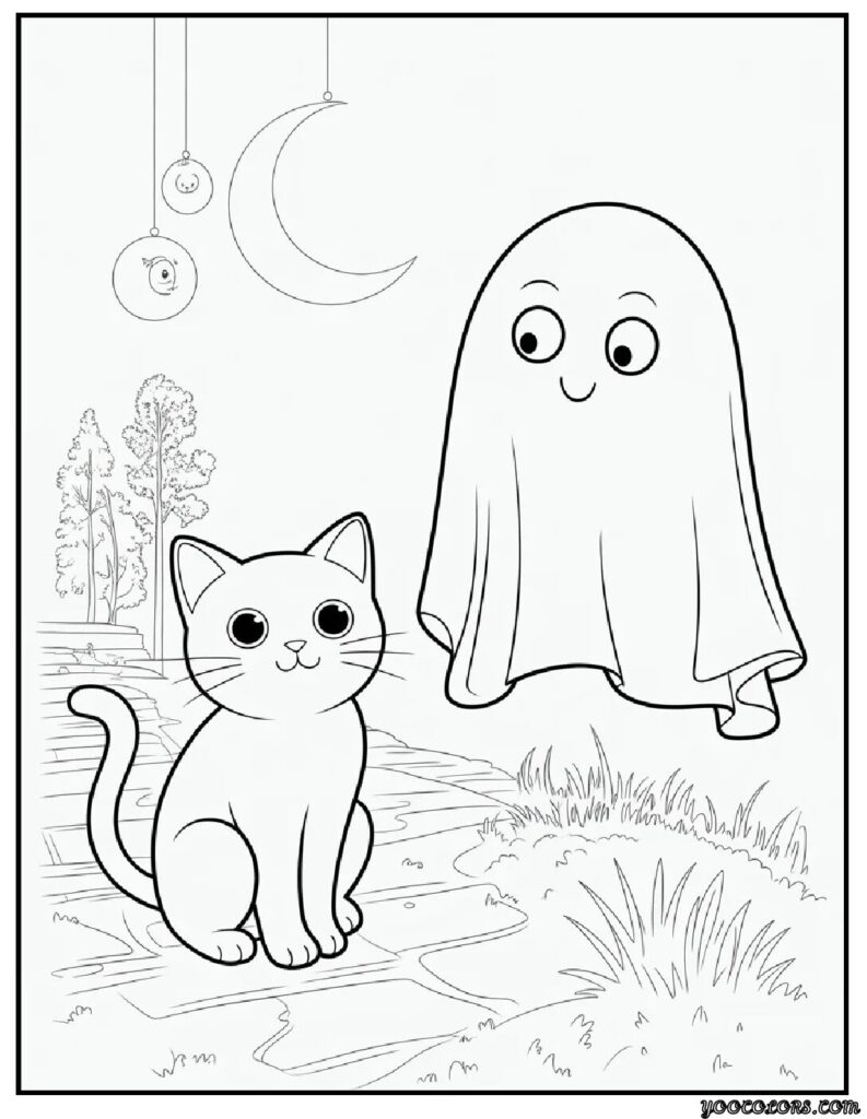 Ghost Coloring Pages: Spooky, Cute & Fun Printables for Everyone 6 ghost coloring pages Kawaii Easy Ages 3–7 ghost and black cat buddy.webp pdf