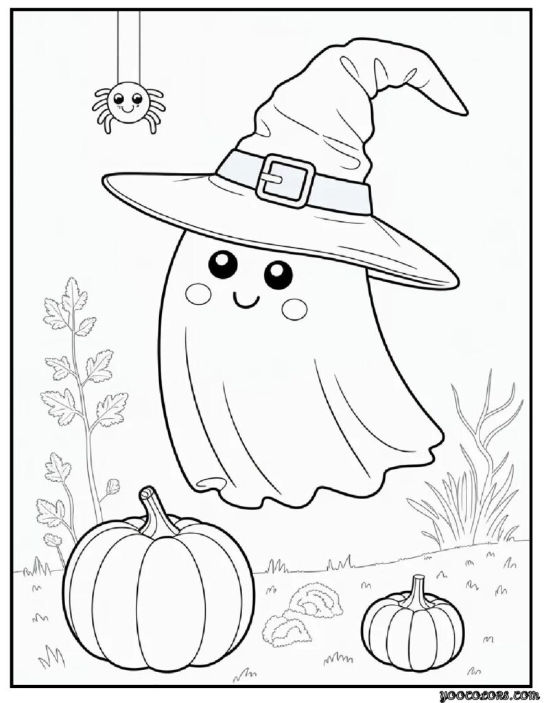 Ghost Coloring Pages: Spooky, Cute & Fun Printables for Everyone 7 ghost coloring pages Kawaii Easy Ages 3–7 ghost in witch hat.webp pdf