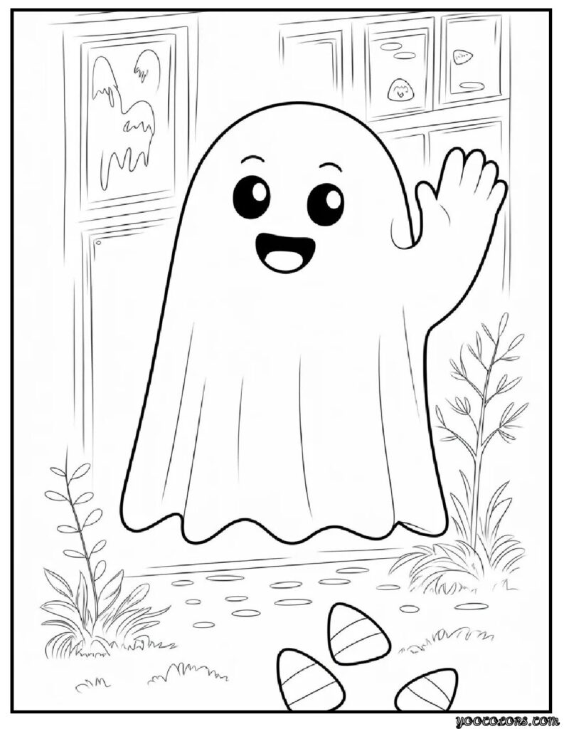 Ghost Coloring Pages: Spooky, Cute & Fun Printables for Everyone 9 ghost coloring pages Kawaii Easy Ages 3–7 waving ghost friend.webp pdf