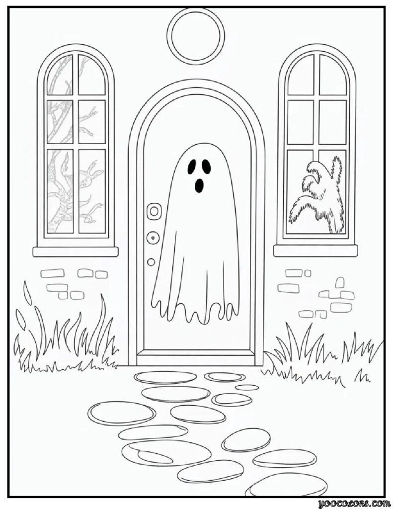 Ghost Coloring Pages: Spooky, Cute & Fun Printables for Everyone 13 ghost coloring pages class room favourite haunted house door way.webp pdf