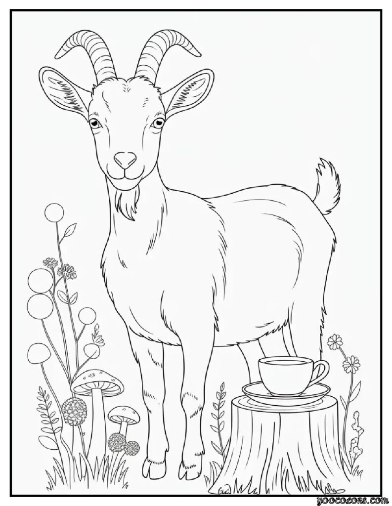 Goat Coloring Pages: Fun, Relaxing & Educational 16 goat coloring pages goat in cottagecore garden goat beside.webp pdf