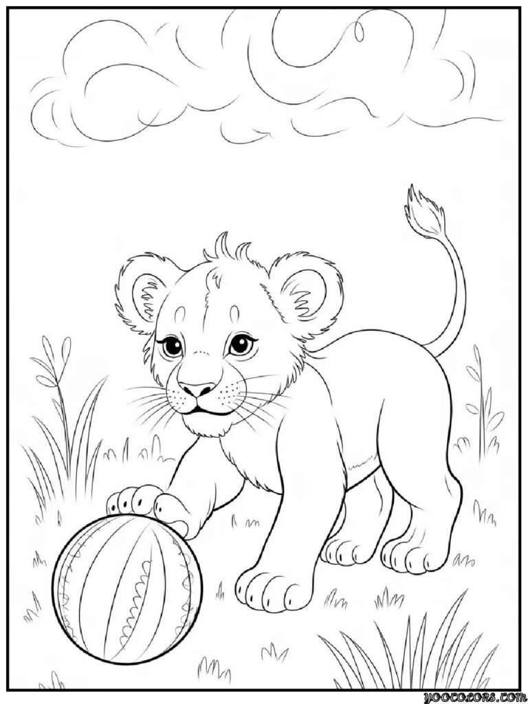 Lion Coloring Pages: Free Printables for Kids & Adults 12 lion coloring pages baby lion with ball lion cub rolling.webp pdf
