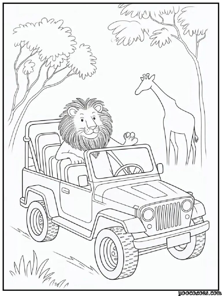 Lion Coloring Pages: Free Printables for Kids & Adults 10 lion coloring pages cartoon lion in a safari jeep playful.webp pdf