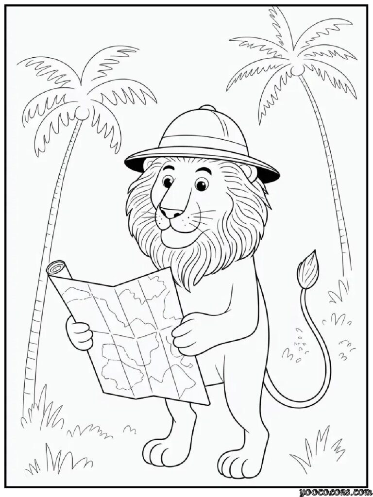 Lion Coloring Pages: Free Printables for Kids & Adults 4 lion coloring pages lion explorer with map cartoon lion.webp pdf