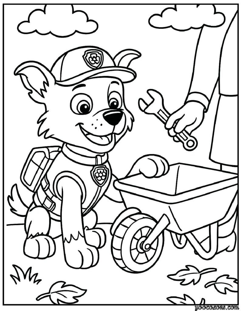 Paw Patrol Coloring Pages Rocky – Free Printables for Eco-Friendly Fun 5 paw patrol coloring pages rocky Rocky fixing Mayor Goodways wheelbarrow.webp pdf