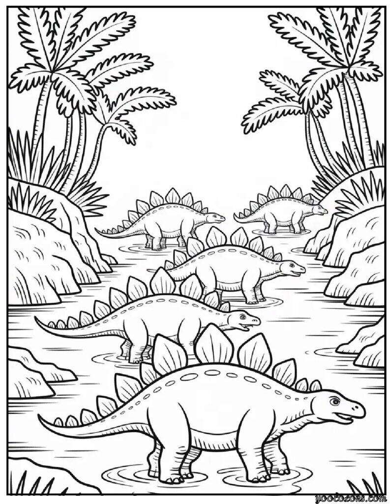 Real Dinosaur Coloring Pages – Free & Realistic Printables 15 real dinosaur coloring pages Stegosaurus Herd Crossing a River.webp pdf