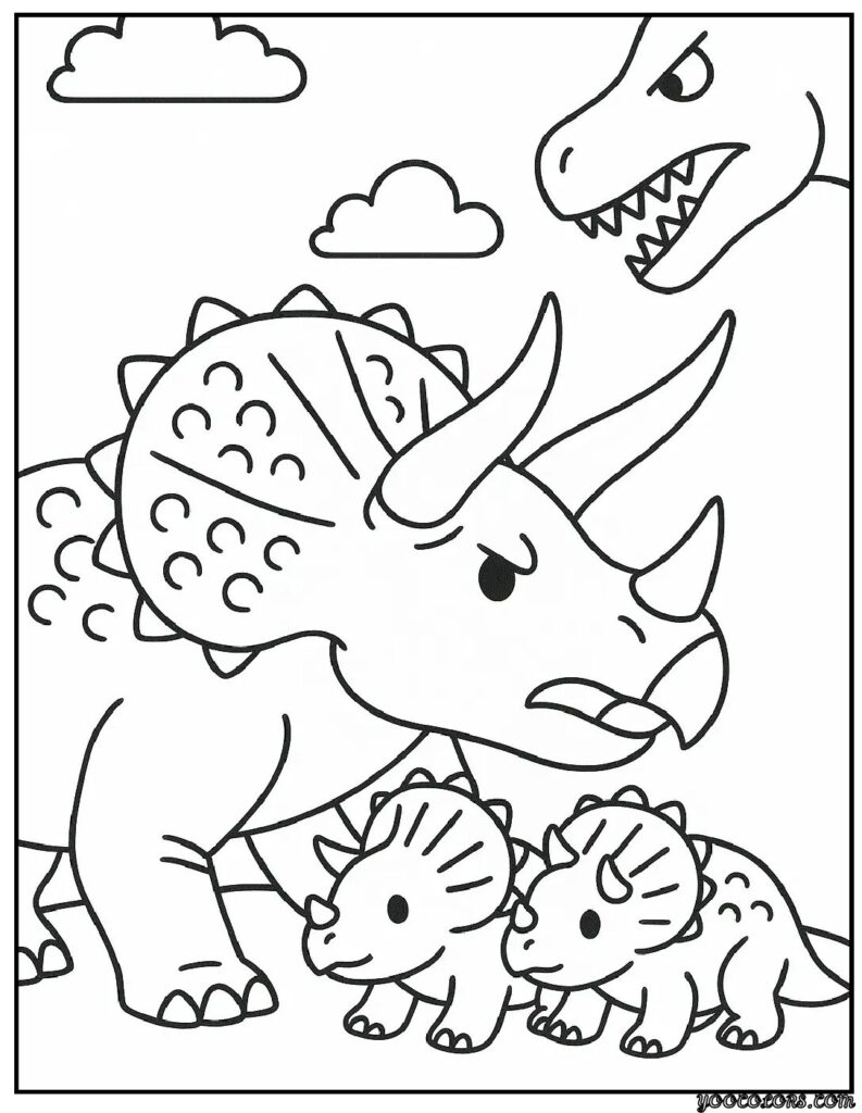 Real Dinosaur Coloring Pages – Free & Realistic Printables 13 real dinosaur coloring pages Triceratops Protecting Babies.webp pdf