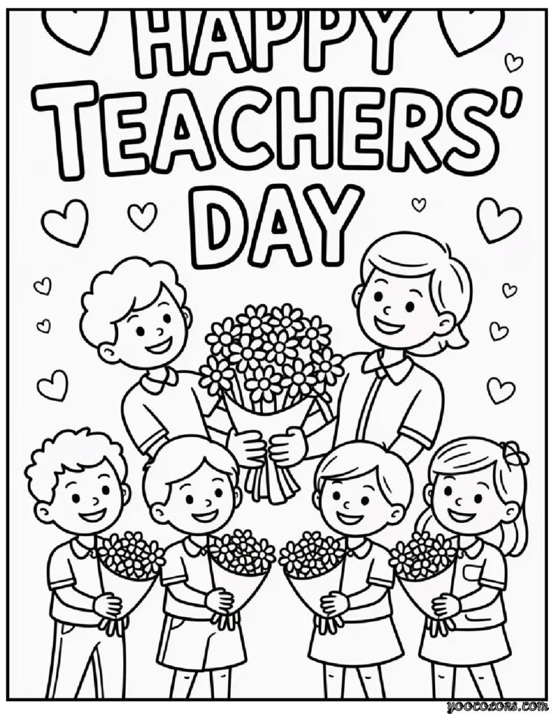 Teachers Day Coloring Pages – Free Printables to Celebrate Educators 12 teacher coloring pages Teacher Students with Flowers.webp pdf
