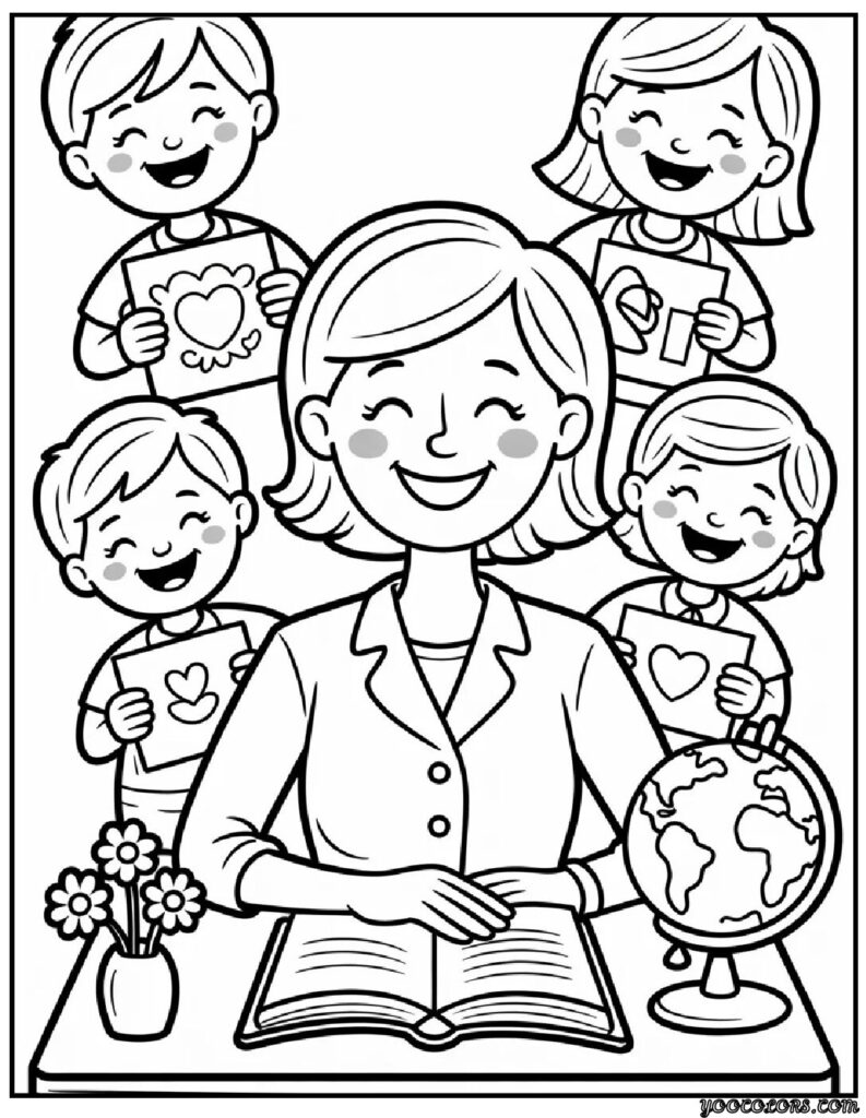 Teachers Day Coloring Pages – Free Printables to Celebrate Educators 8 teacher coloring pages Teacher at Desk with Students.webp pdf