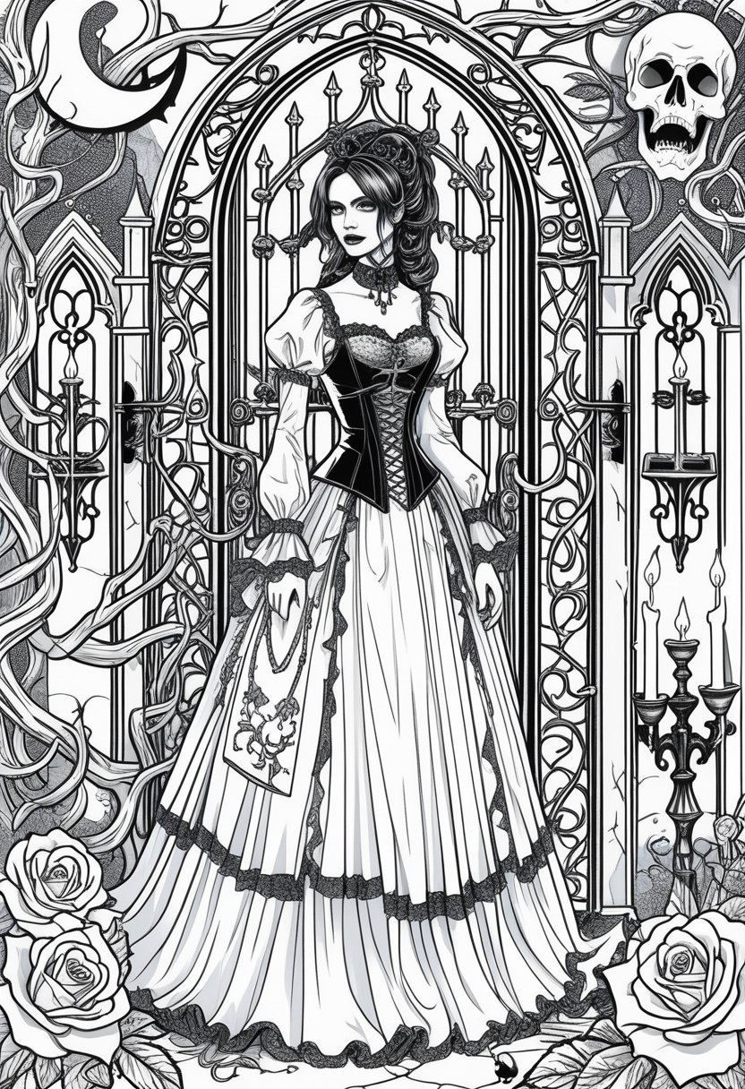 Goth Coloring Pages 10 Unique Designs for Creative Expression 2 A gothic scene featuring a young woman in Victorian-style clothing surrounded by ornate gates, thorny vines, bats, skulls, and stone architecture with pointed arches and gargoyles.