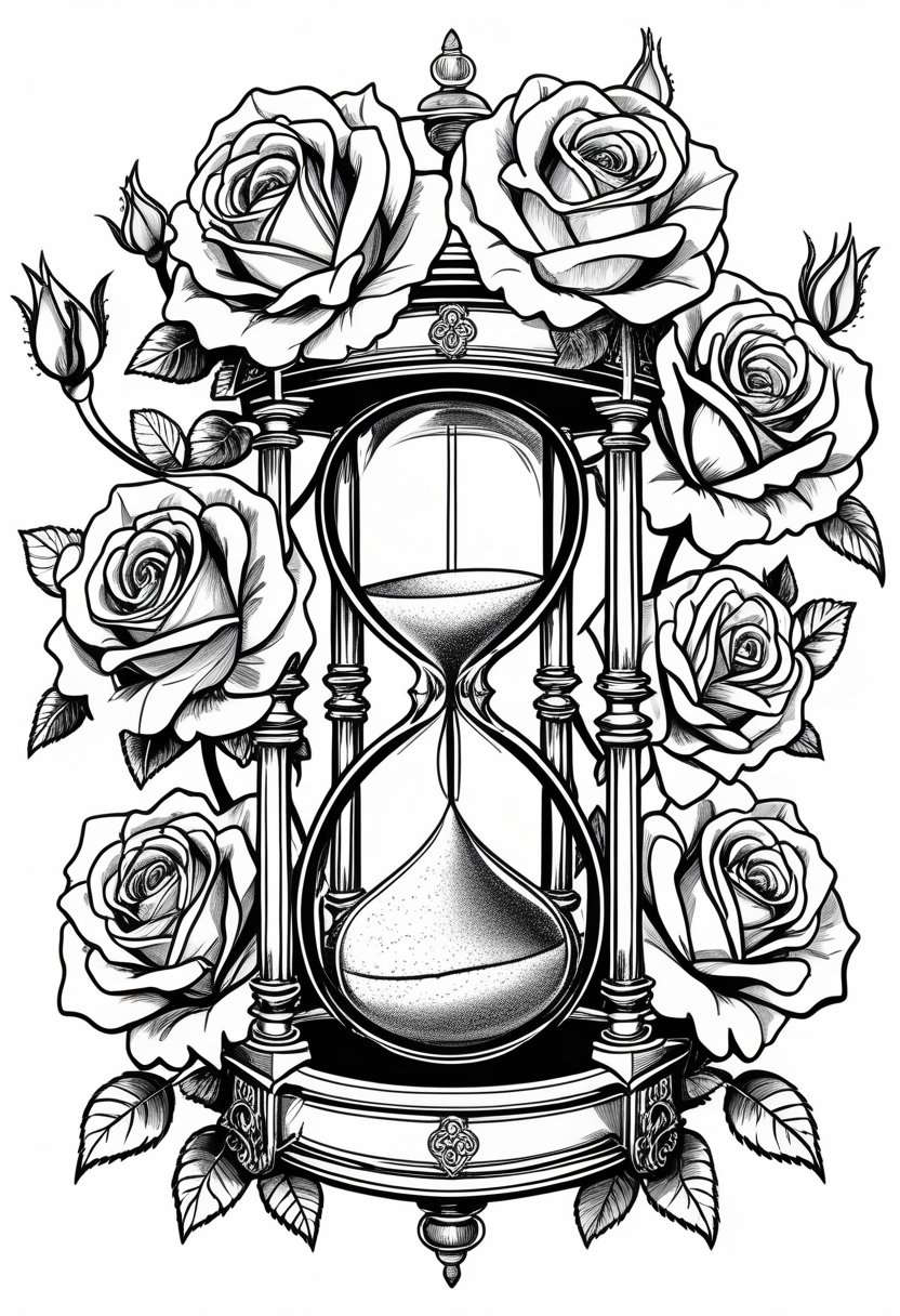 Goth Coloring Pages 10 Unique Designs for Creative Expression 3 A vintage hourglass surrounded by blooming roses with detailed petals and leaves.
