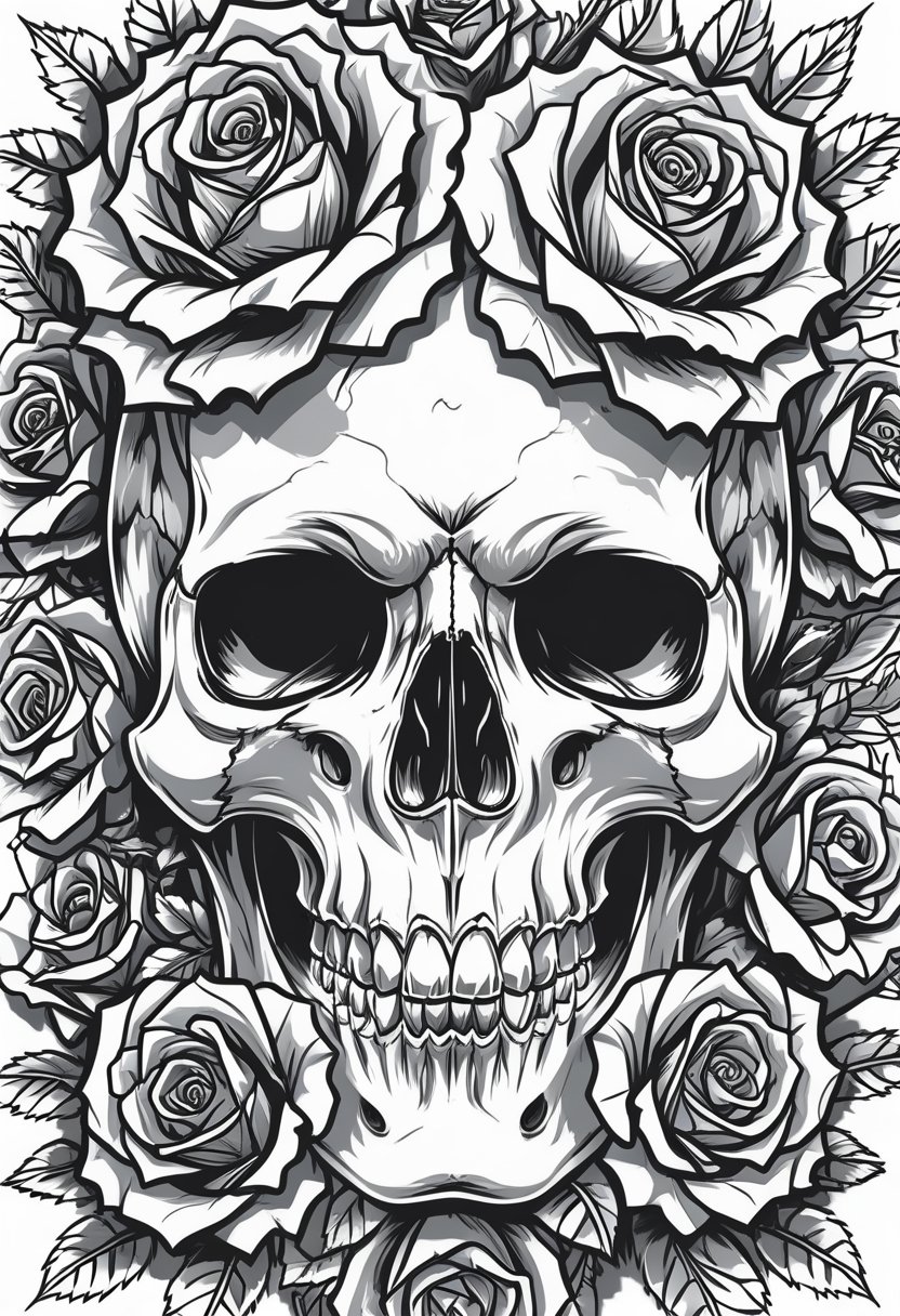 Goth Coloring Pages 10 Unique Designs for Creative Expression 4 A front-facing skull surrounded by blooming roses with leaves.