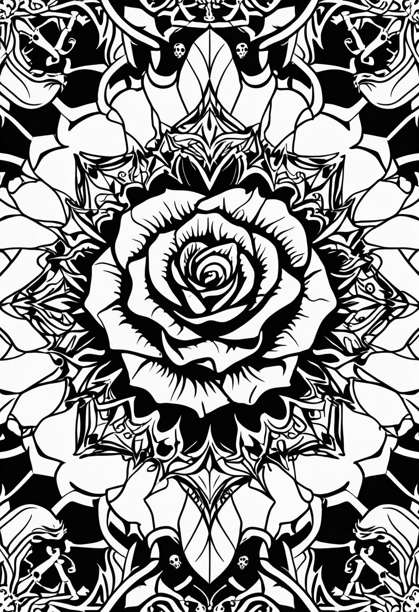 Goth Coloring Pages 10 Unique Designs for Creative Expression 5 A large rose at the center surrounded by symmetrical decorative patterns including vines, arches, and skull shapes arranged in a circular design.