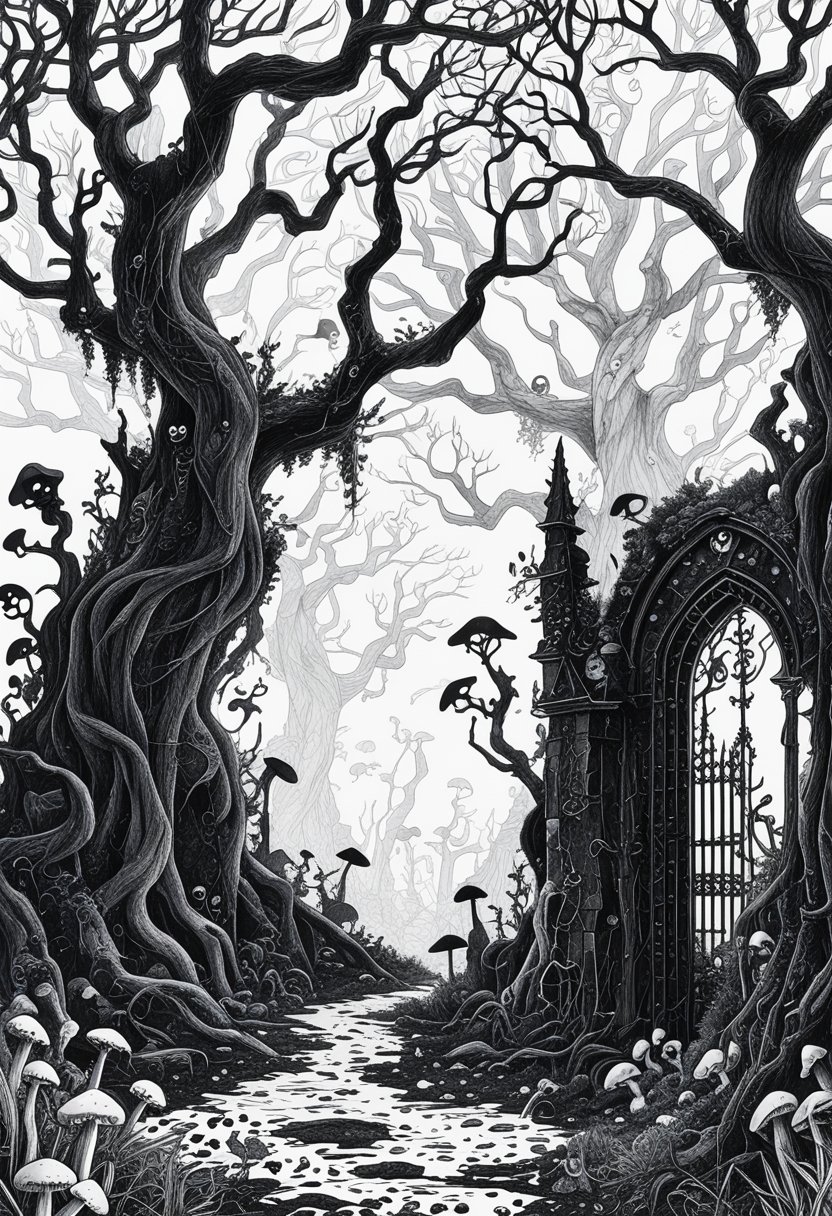 Goth Coloring Pages 10 Unique Designs for Creative Expression 6 A dense forest with tall twisted trees, scattered mushrooms, vines, and broken gothic architectural elements like arches and gates.
