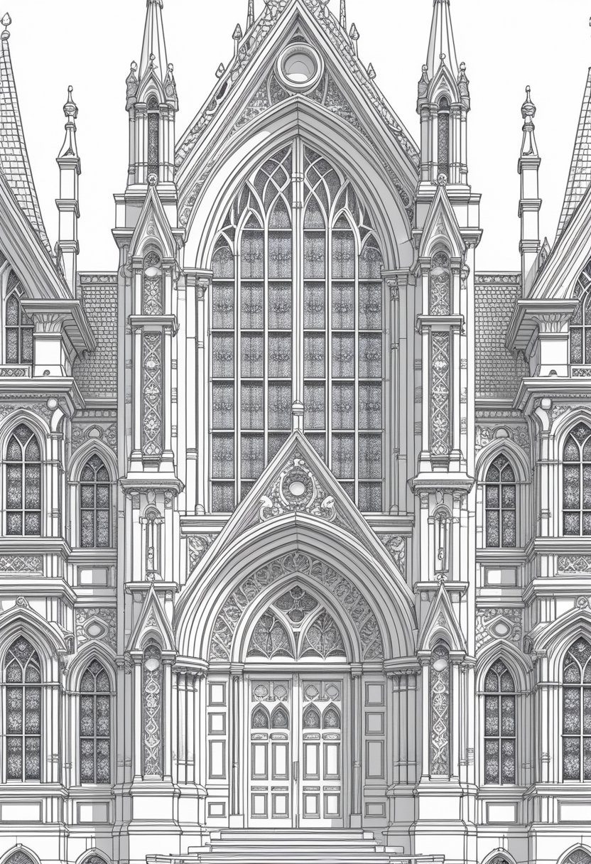 Goth Coloring Pages 10 Unique Designs for Creative Expression 7 A detailed black and white line drawing of a Victorian Gothic cathedral facade with pointed arches, tall spires, large windows, and decorative stone carvings.