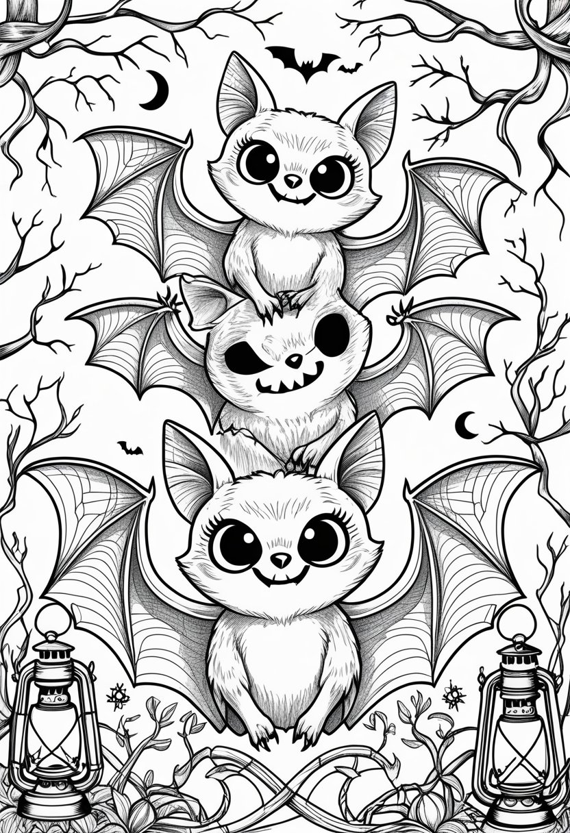 Goth Coloring Pages 10 Unique Designs for Creative Expression 8 A group of playful bats with large eyes and small fangs surrounded by twisted branches, crescent moons, spider webs, and lanterns.