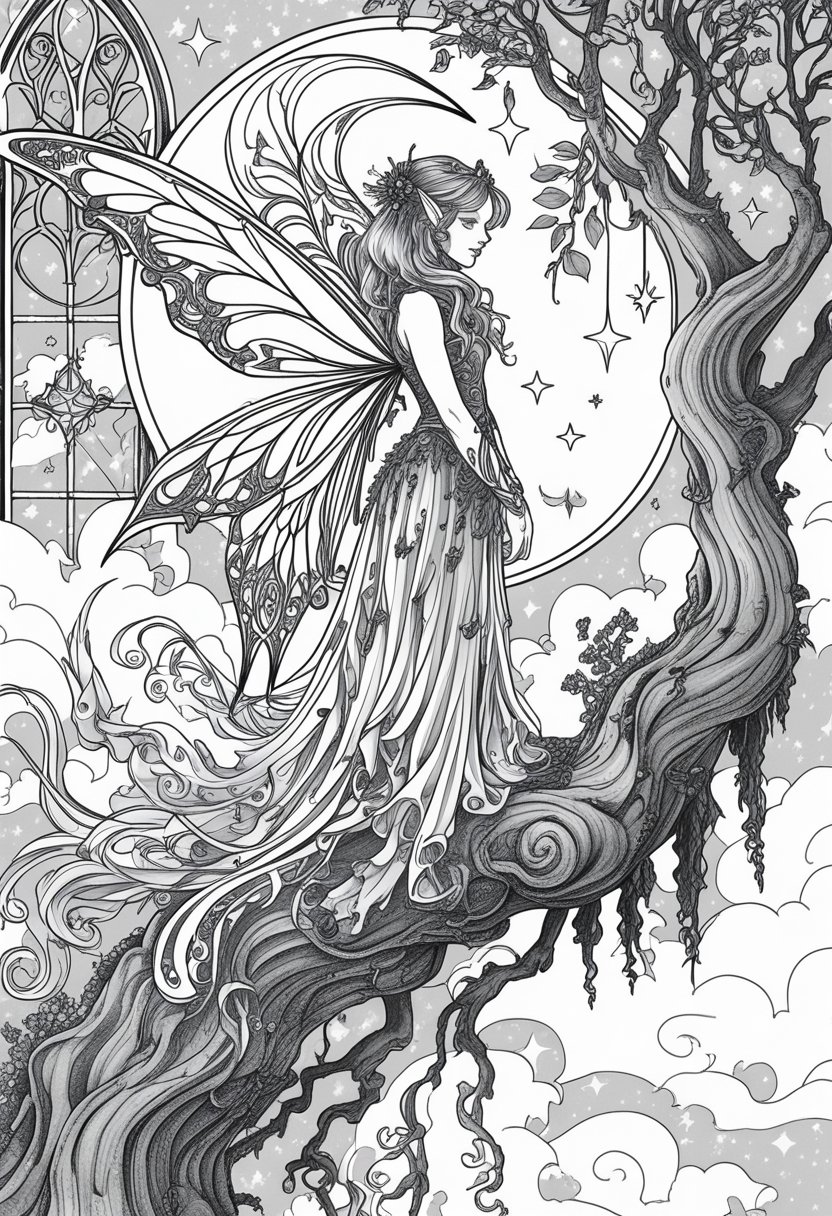 Goth Coloring Pages 10 Unique Designs for Creative Expression 9 A fairy with large wings standing on a tree branch under the moonlight, surrounded by stars, clouds, and gothic architectural elements.