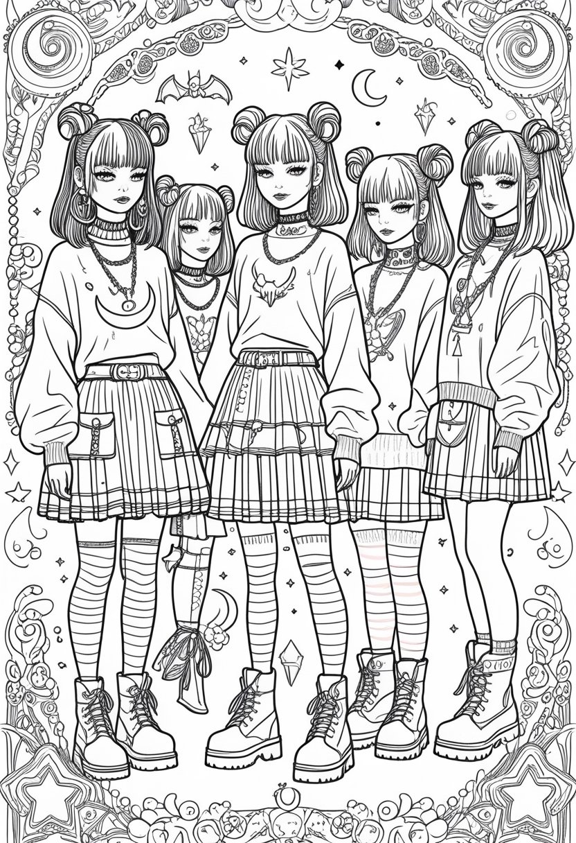 Goth Coloring Pages 10 Unique Designs for Creative Expression 10 A group of characters wearing layered pastel goth clothing with accessories like moons, bats, and flowers, surrounded by decorative patterns and mystical symbols.