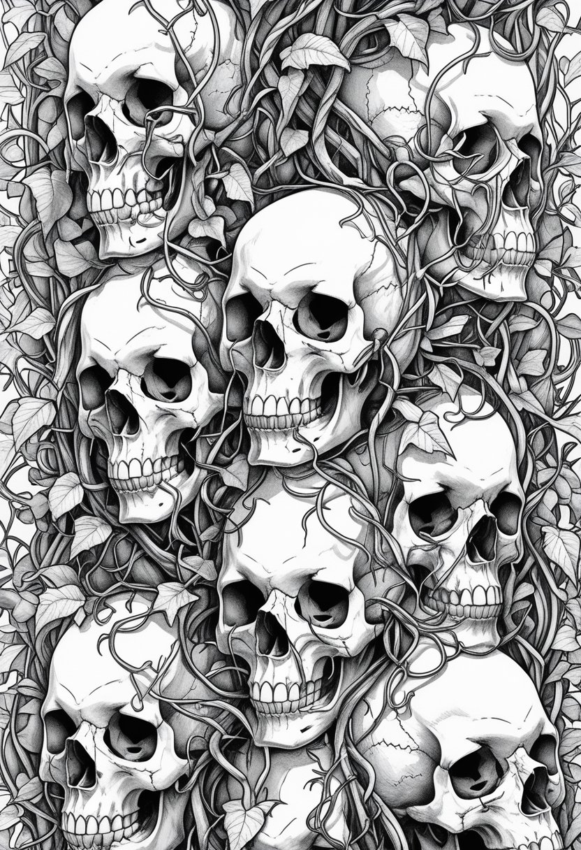 Goth Coloring Pages 10 Unique Designs for Creative Expression 11 A collection of human skulls entwined with thorny vines and leaves, arranged in an intricate pattern.