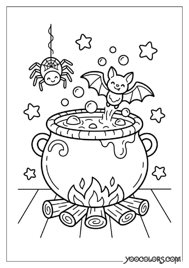 36 Spooky Cute Coloring Pages: Adorable Meets Creepy for Halloween & Beyond 25 Bat popping from cauldron 202608151344 pdf