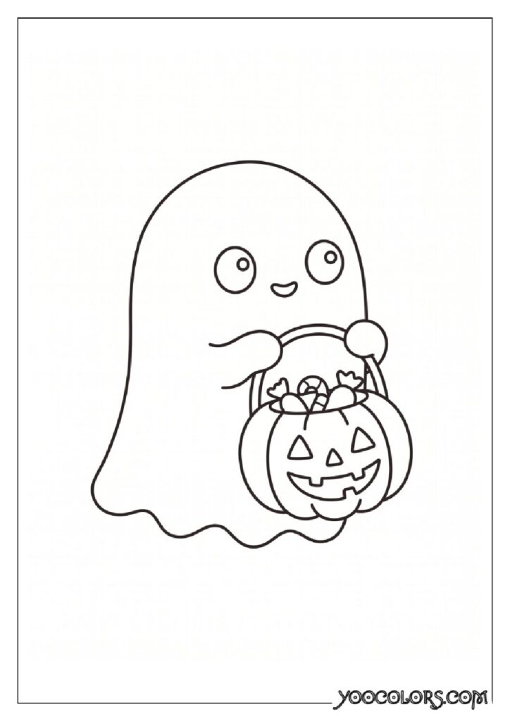 36 Spooky Cute Coloring Pages: Adorable Meets Creepy for Halloween & Beyond 12 Ghost holding candy bucket 2K 202608181714 pdf
