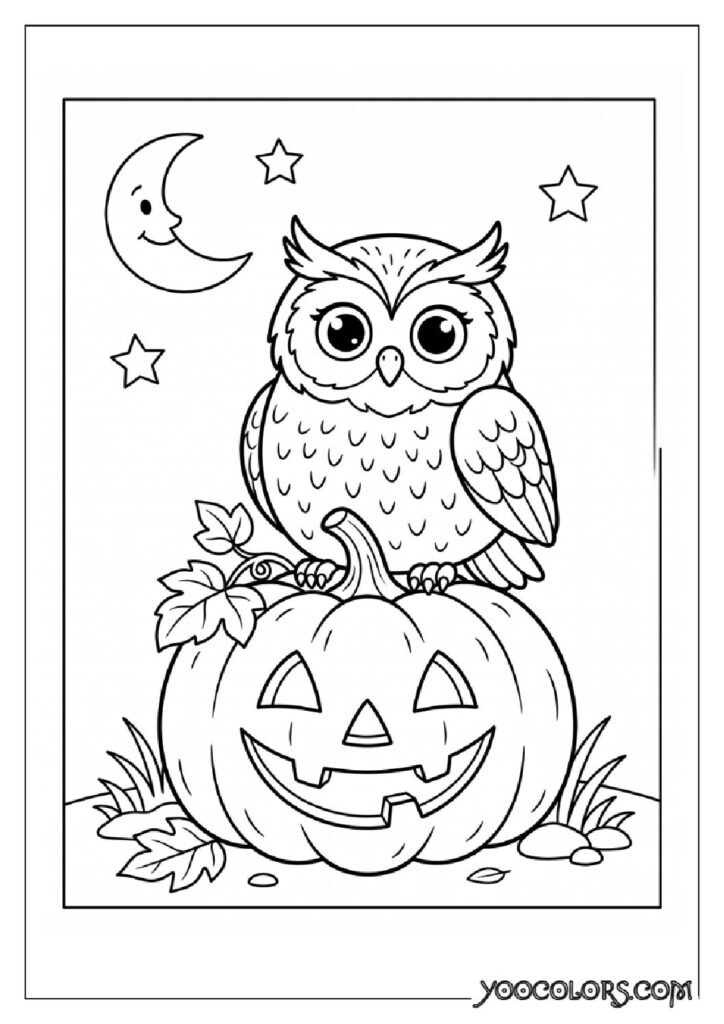 36 Spooky Cute Coloring Pages: Adorable Meets Creepy for Halloween & Beyond 14 Owl perched on carved pumpkin 202608181716 pdf