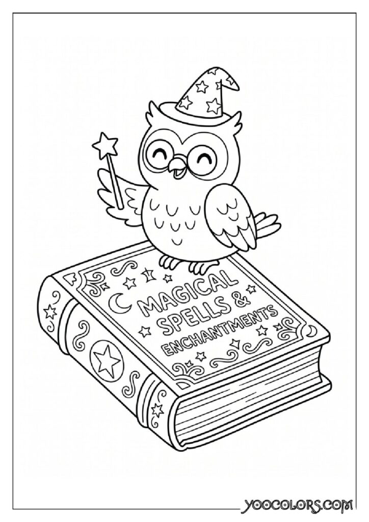 36 Spooky Cute Coloring Pages: Adorable Meets Creepy for Halloween & Beyond 16 Owl perched on spellbook 2K 202608181710 pdf