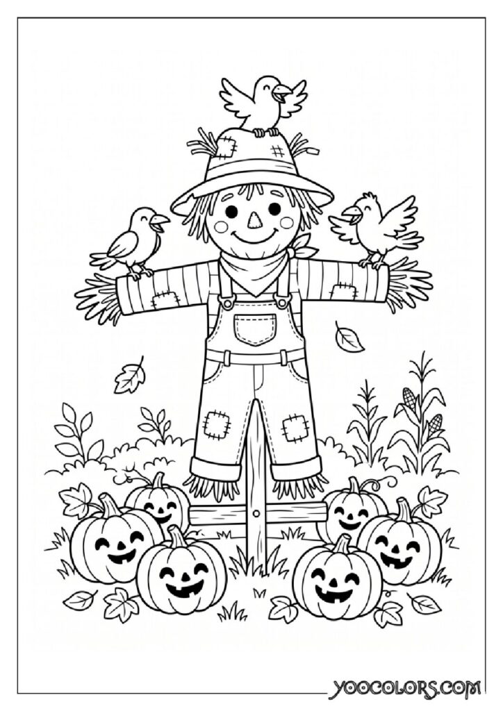 36 Spooky Cute Coloring Pages: Adorable Meets Creepy for Halloween & Beyond 18 Scarecrow with crows and pumpkins 202608181711 pdf