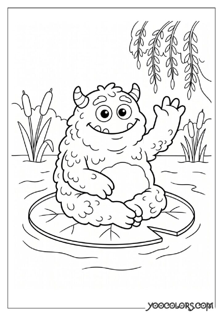 36 Spooky Cute Coloring Pages: Adorable Meets Creepy for Halloween & Beyond 24 Swamp monster waving on lily 202608181636 pdf
