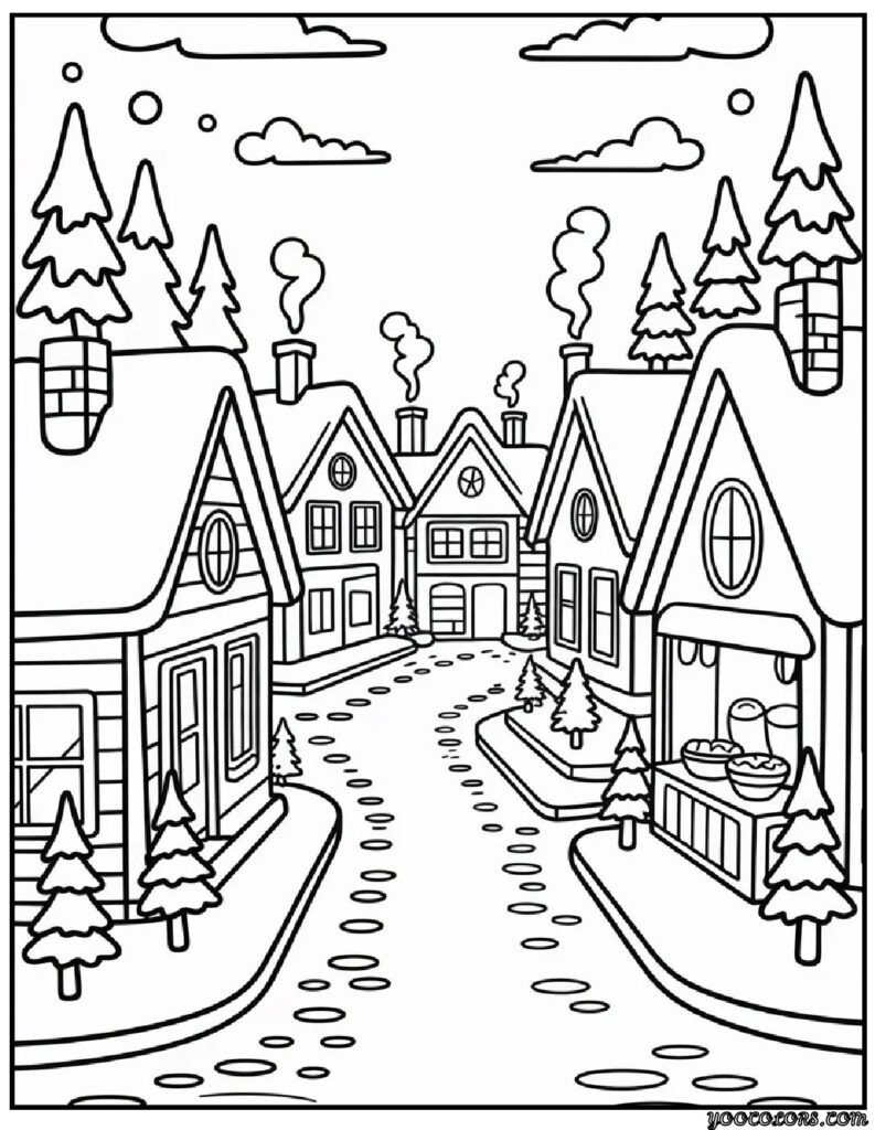 Winter Village Coloring Pages – Build Your Own Snowy Little Town 11 WINTER VILLAGE COLORING PAGES pdf