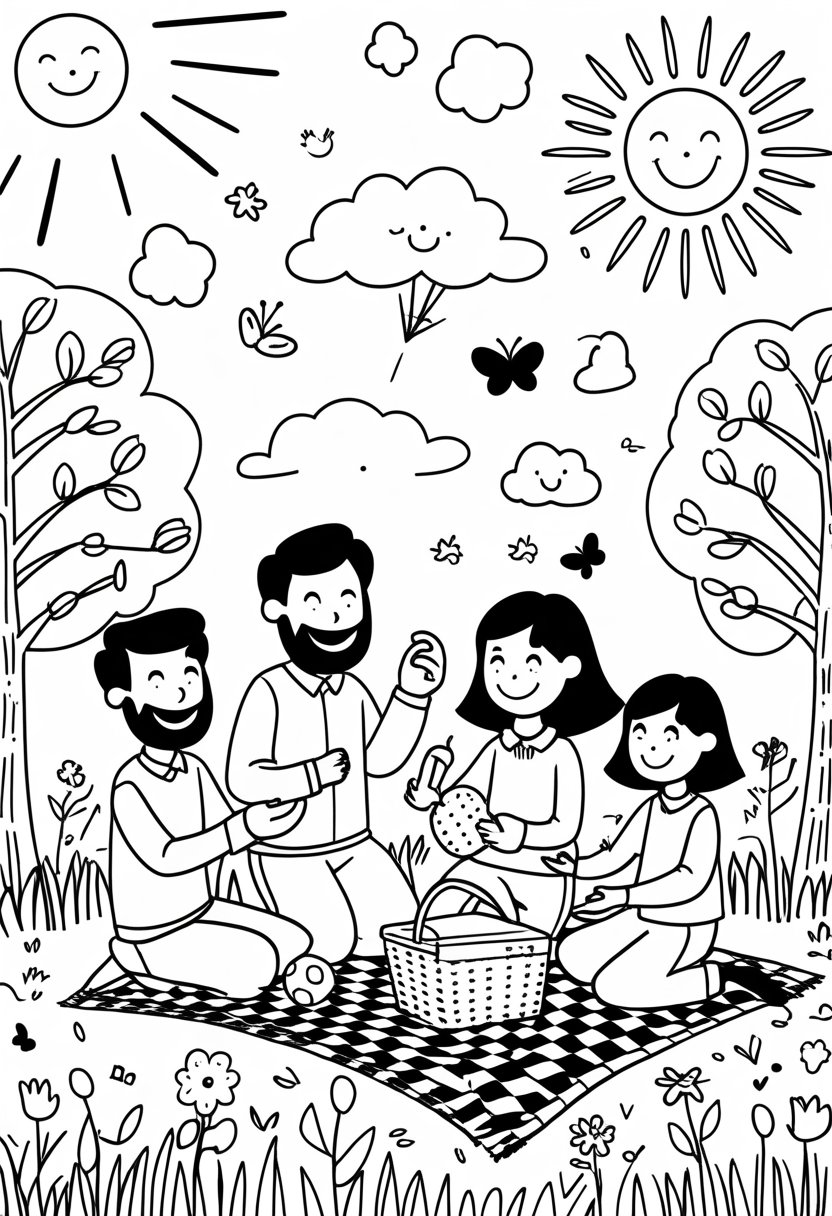 Family Day Coloring Pages: Celebrate Love, Togetherness & Creativity 18 A family of four enjoying a day in the park with children playing catch, a kite flying, and a picnic on a blanket surrounded by trees, flowers, birds, and a bright sun.