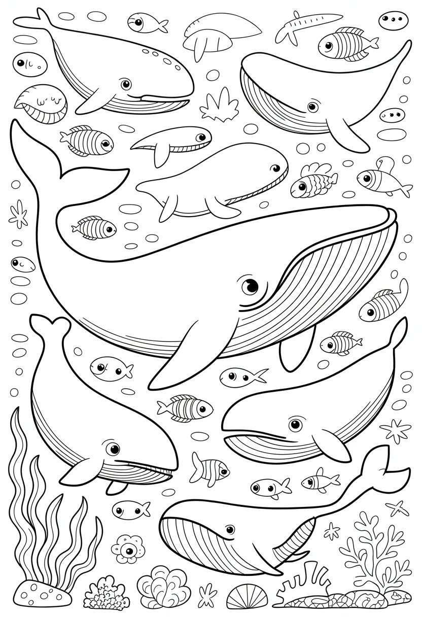 Whale Coloring Pages Printable 10 Best Free Designs for Kids and Adults 3 A group of whales swimming underwater surrounded by fish, seaweed, coral, starfish, and seashells.