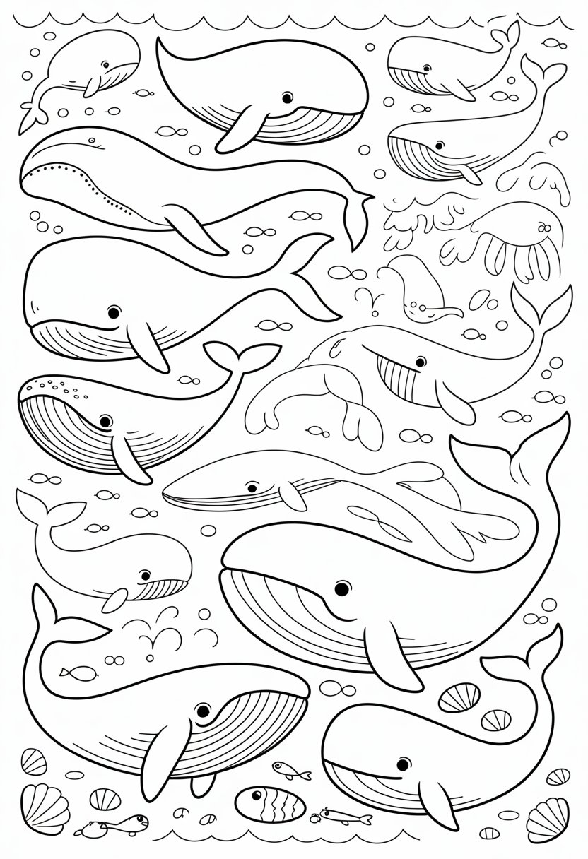 Whale Coloring Pages Printable 10 Best Free Designs for Kids and Adults 4 A group of whales swimming and playing in the ocean surrounded by waves, fish, and seashells.