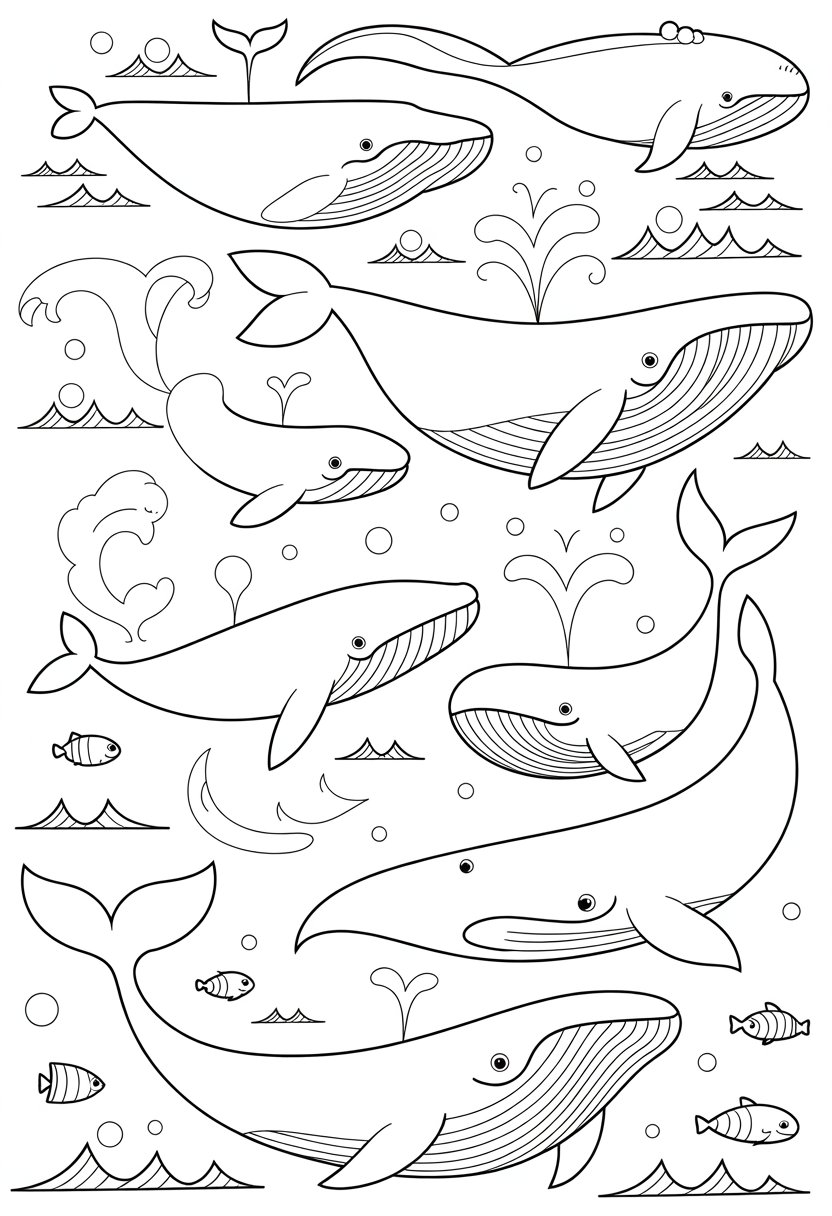 Whale Coloring Pages Printable 10 Best Free Designs for Kids and Adults 5 A group of whales swimming and breaching in the ocean with waves, bubbles, and small fish around them.