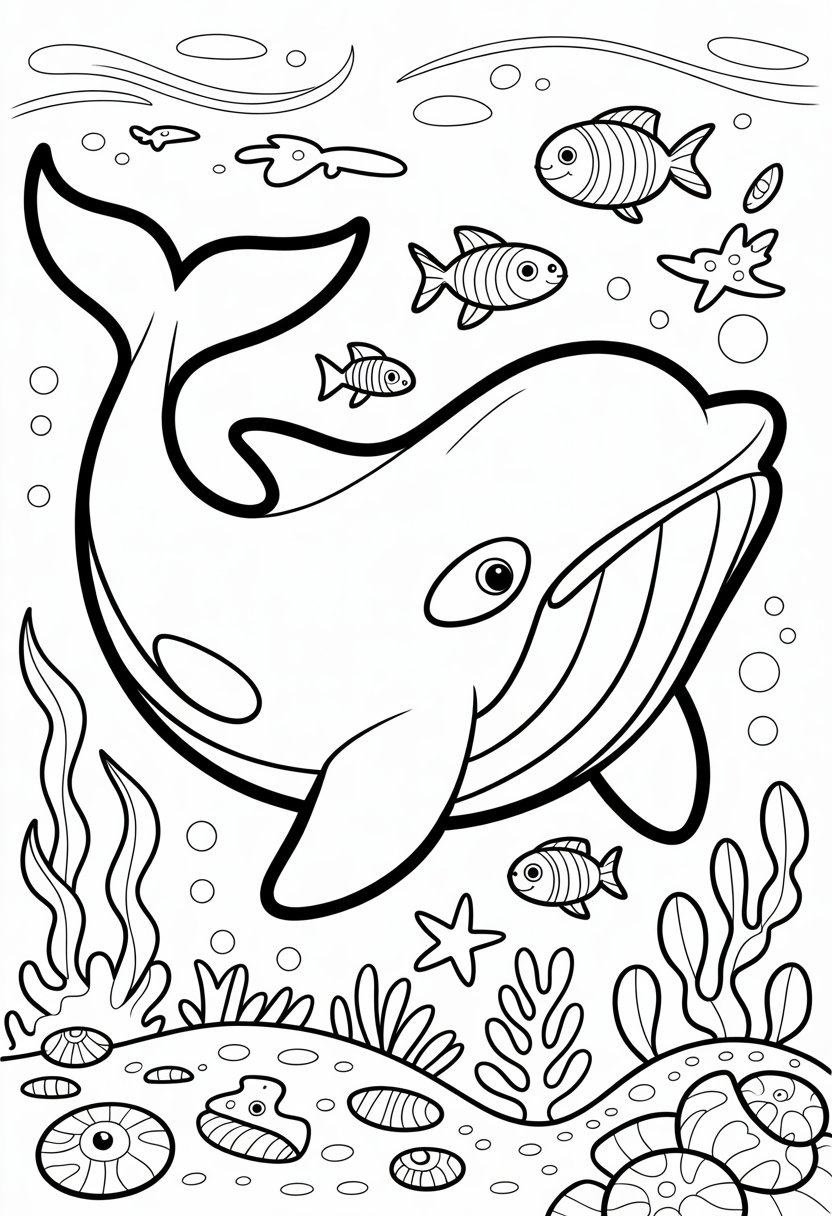 Whale Coloring Pages Printable 10 Best Free Designs for Kids and Adults 6 A large killer whale swimming underwater surrounded by fish, seaweed, bubbles, and starfish.