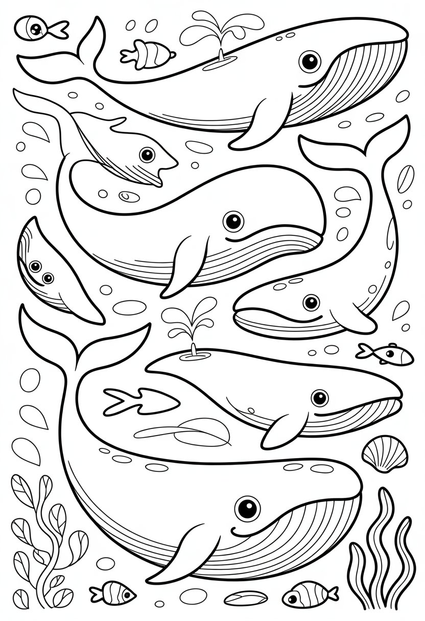 Whale Coloring Pages Printable 10 Best Free Designs for Kids and Adults 7 An underwater scene with several whales swimming and playing among seaweed, fish, and bubbles.